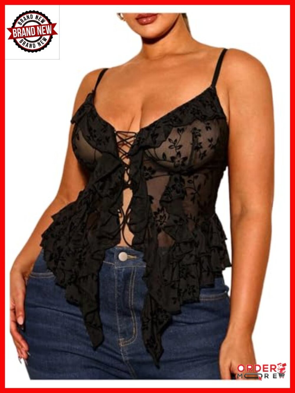 Plus Size Sheer Mesh Lace Up Cami Top Ruffled Asymmetrical Going Out Top